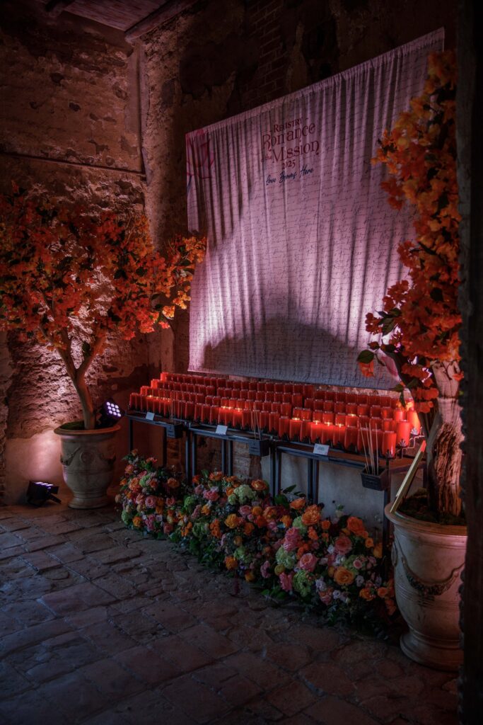 decorations for the gala event with candles, flowers, and different lighting