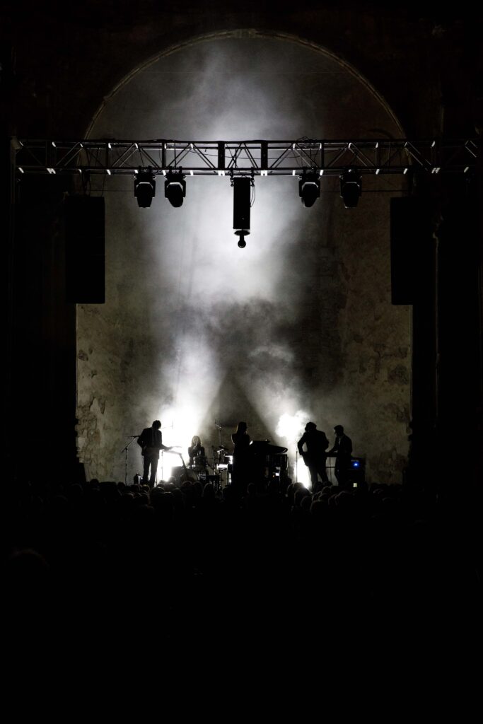 stage in black and white with smoke