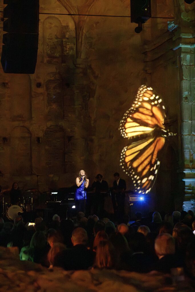 video of butterfly presented on the back of the stage