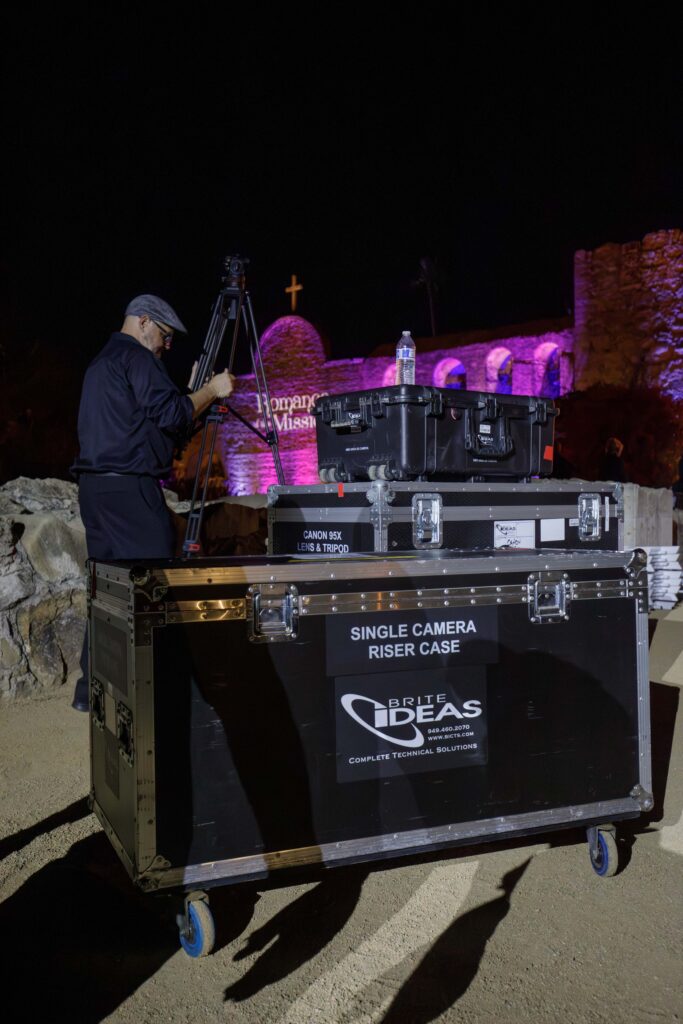 man setting up camera for gala event