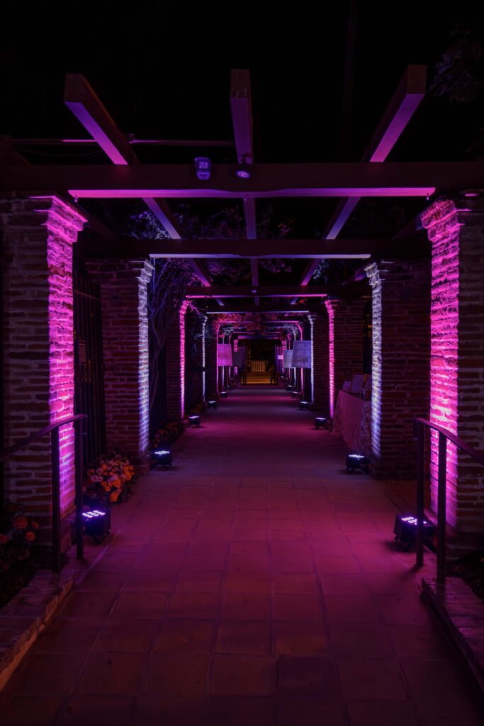 entrance walkway lit up with pink lighting for the gala event
