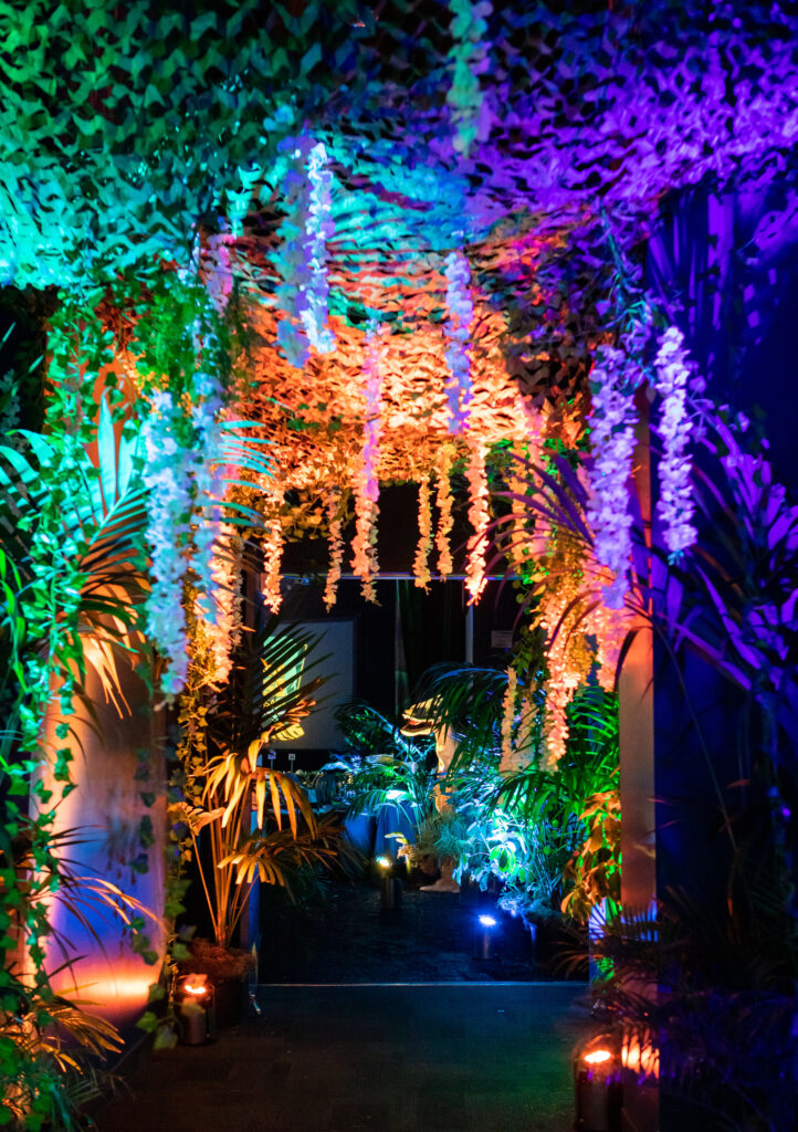 colorful jungle through hallway for guests to walk through