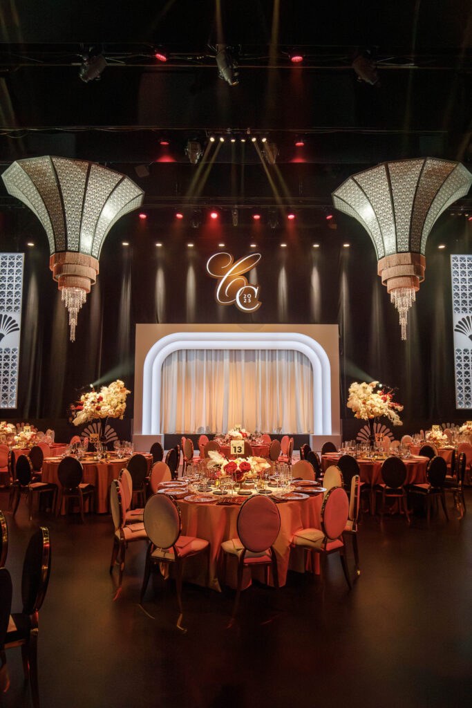 stage and dinner area for event