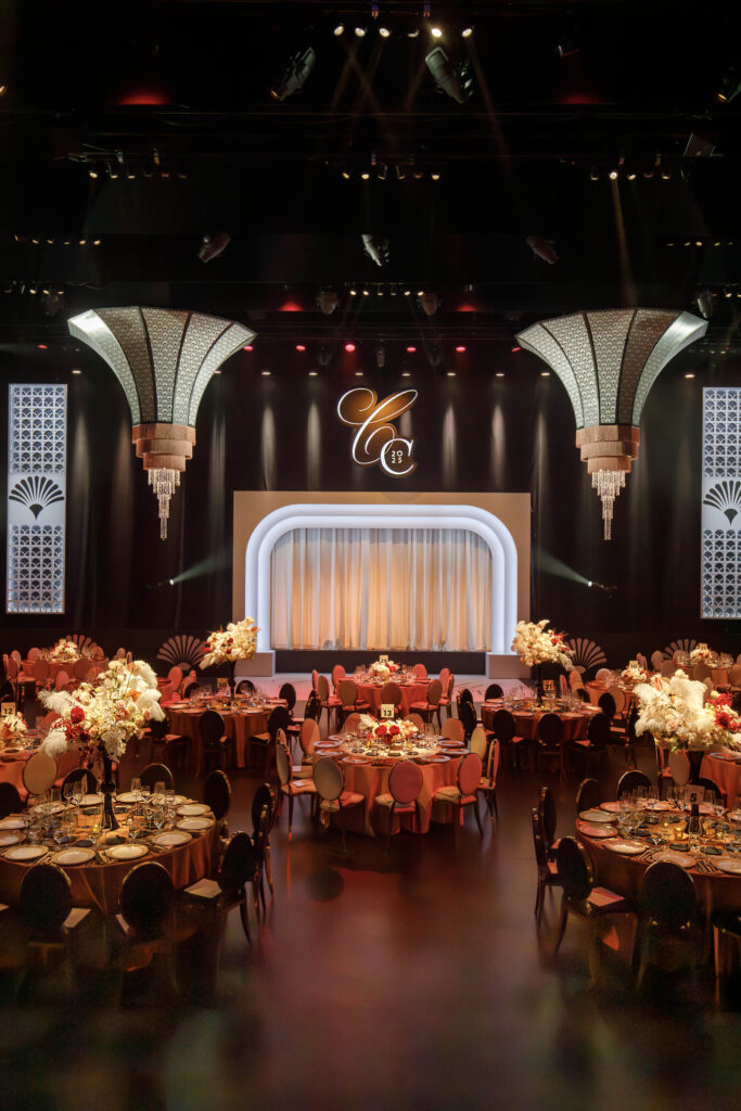 stage and dinner area for event