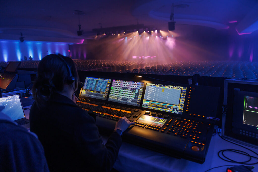 production team working on sound and lighting