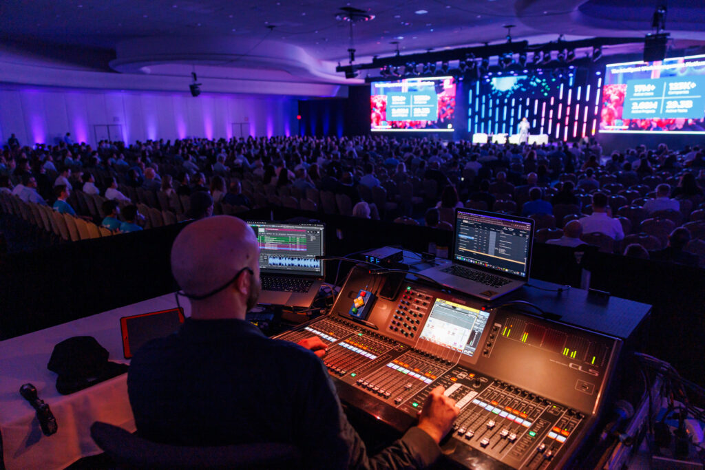 production team working on sound and lighting