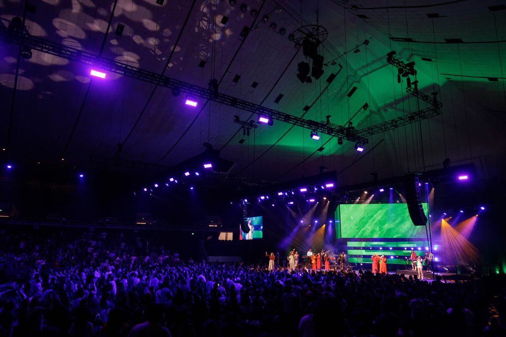 LED screens with performers and audience at Anaheim Convention Center